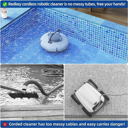 🔥Redkey Poolroboter 2026 Kabellos Poolsauger 6800mAh Akku Selbstparkend bis 200m² (Set, 45.000 Pa Saugkraft, intelligente Navigation & 180 Min. Laufzeit), Schnellladung, 45° Steigung, 90° Wandreinigung & 2 Jahre Garantie