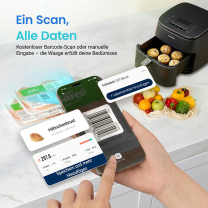 Küchenwaage digital mit Nährwertberechnung, Ernährungswaage App verfolgt 19 Nährstoffe, Kaloriendatenanalyse, 5kg Edelstahl-Lebensmittelwaage, geeignet für Gewichtsverlust