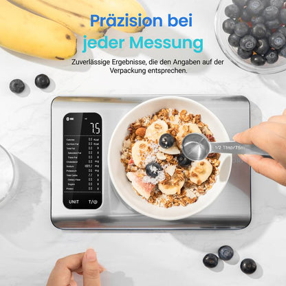 Küchenwaage digital mit Nährwertberechnung, Ernährungswaage App verfolgt 19 Nährstoffe, Kaloriendatenanalyse, 5kg Edelstahl-Lebensmittelwaage, geeignet für Gewichtsverlust