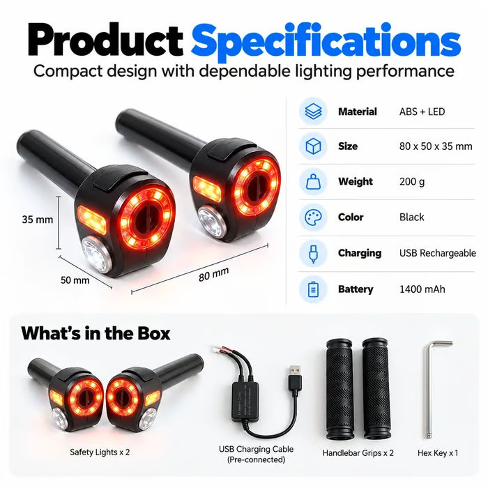 🔥HEISSER VERKAUF🔥🚴 (Paar) Zwei-Wege-Lenkersicherheitsleuchten – USB-wiederaufladbare Vorder- und Rücklichter mit versteckter Lenkerendenmontage