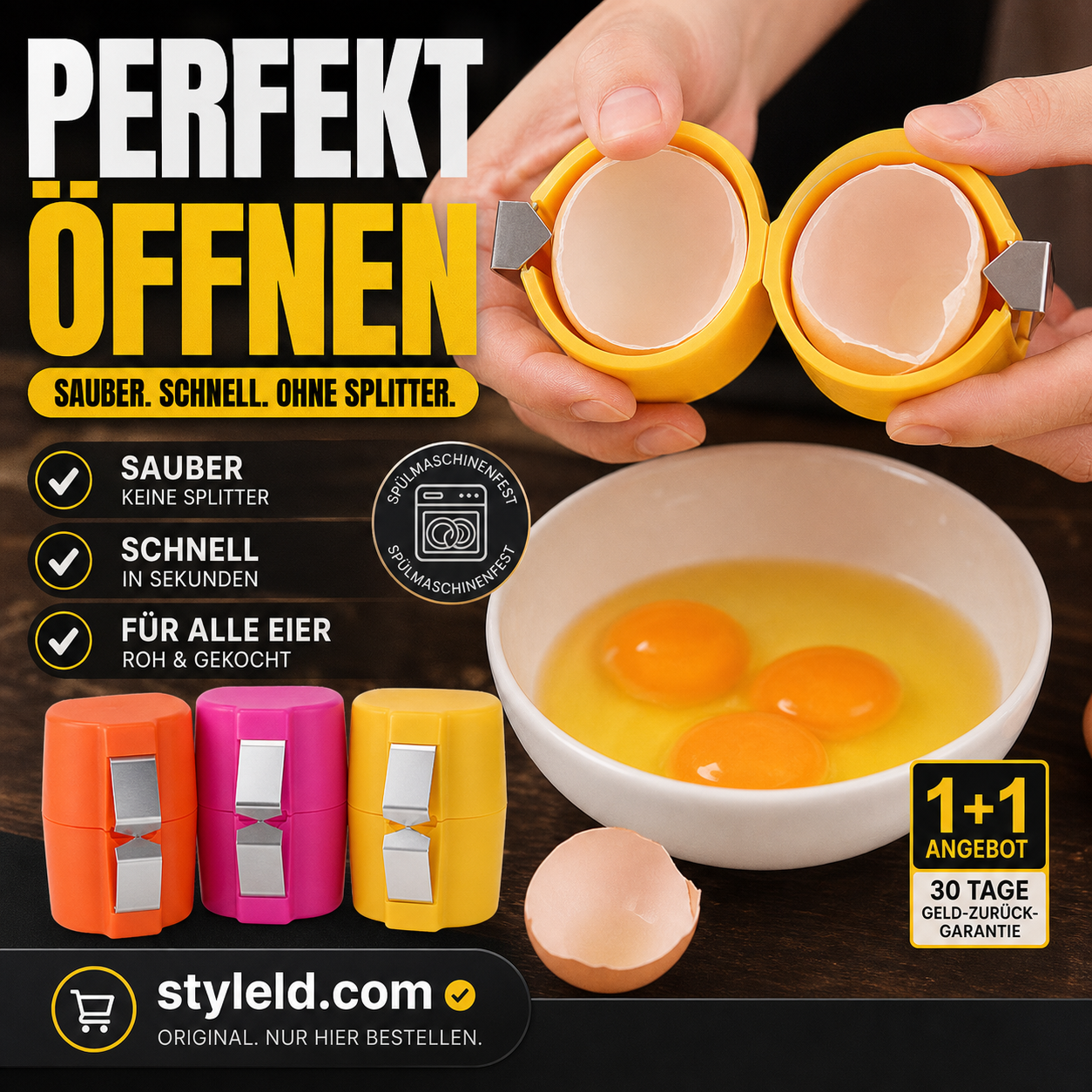 🍳 50 % Rabatt – 2-in-1 Eierknacker & Eigelb-Separator – hygienisch, einfach in der Handhabung & vielseitig für rohe und gekochte Eier 🥚
