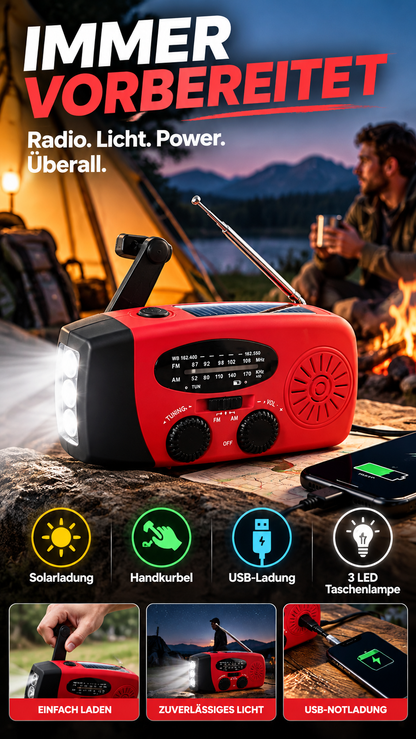 ⏳ Solar-Kurbelradio mit AM/FM-Empfang – 3-LED-Taschenlampe, USB-Notladefunktion und 600-mAh-Akku-Gcom