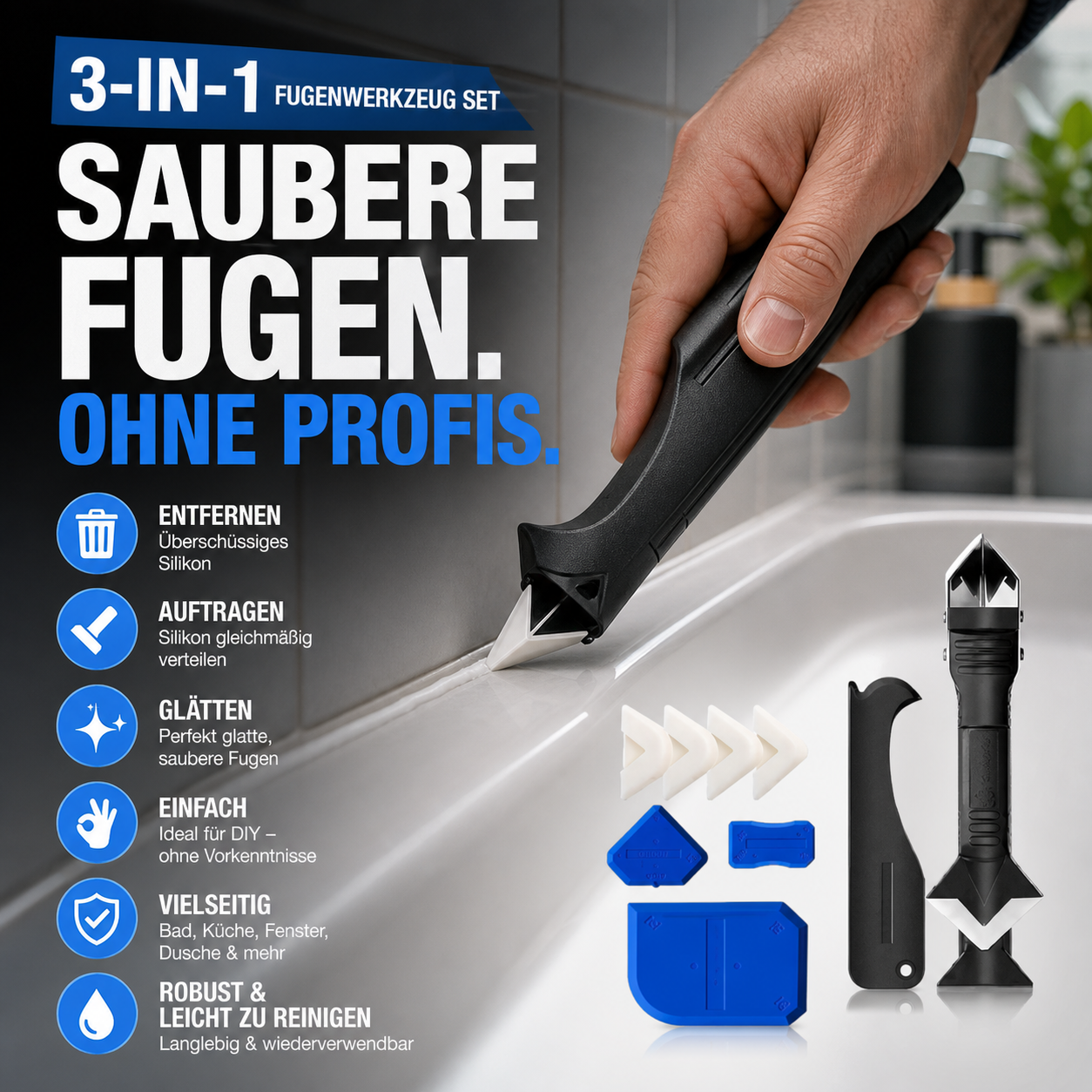 🔧 50% RABATT! 🔥 3-in-1 Fugenwerkzeug - Profi Fugenglättwerkzeug für perfekt glatte Fugen🎁