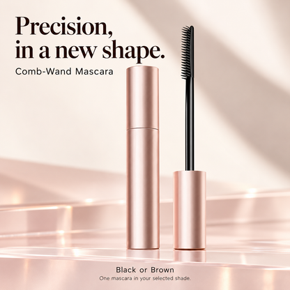 Rose-gold mascara tube and slim single-sided black comb applicator