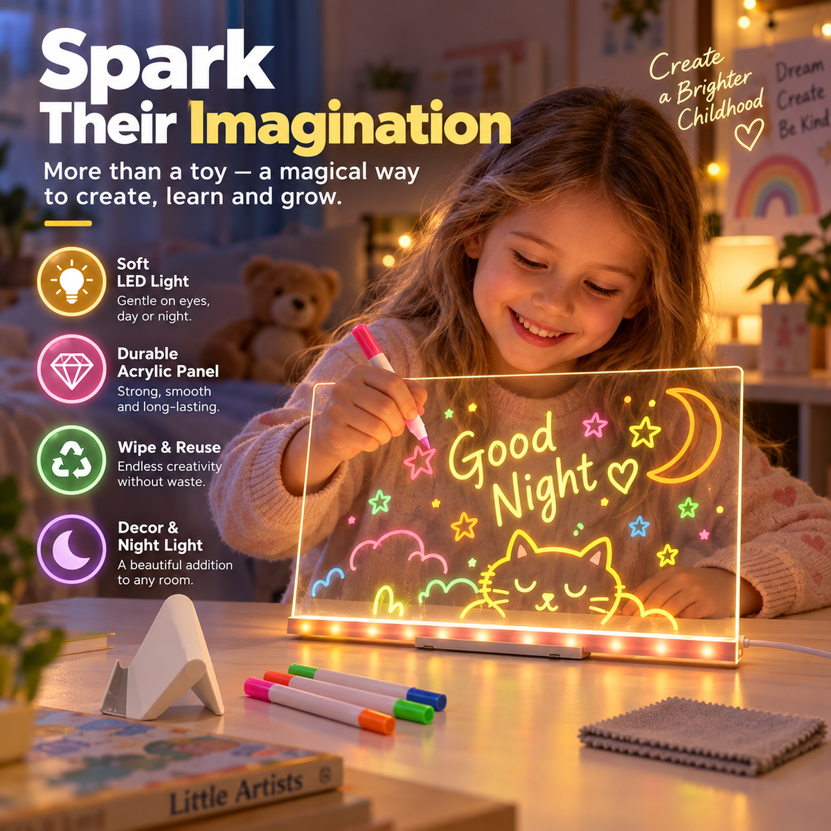 🖍️ ✨ Leuchtende Kinder-Maltafel – sanfte LED, wiederverwendbar, auch als Nachtlicht 💡