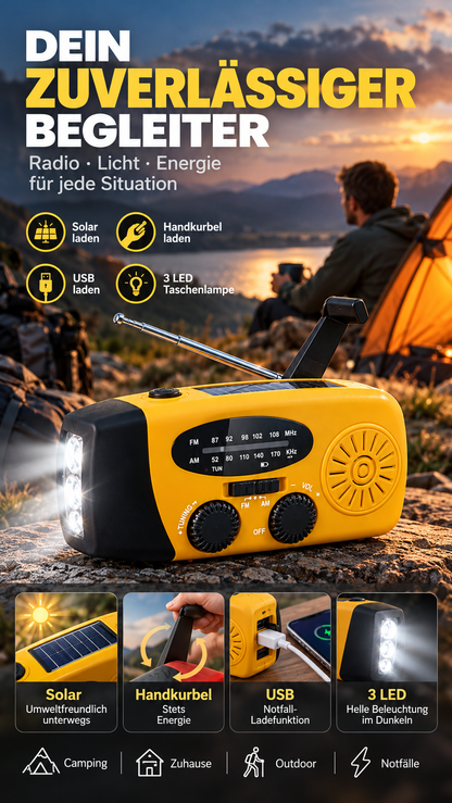 ⏳ Solar-Kurbelradio mit AM/FM-Empfang – 3-LED-Taschenlampe, USB-Notladefunktion und 600-mAh-Akku-Gcom