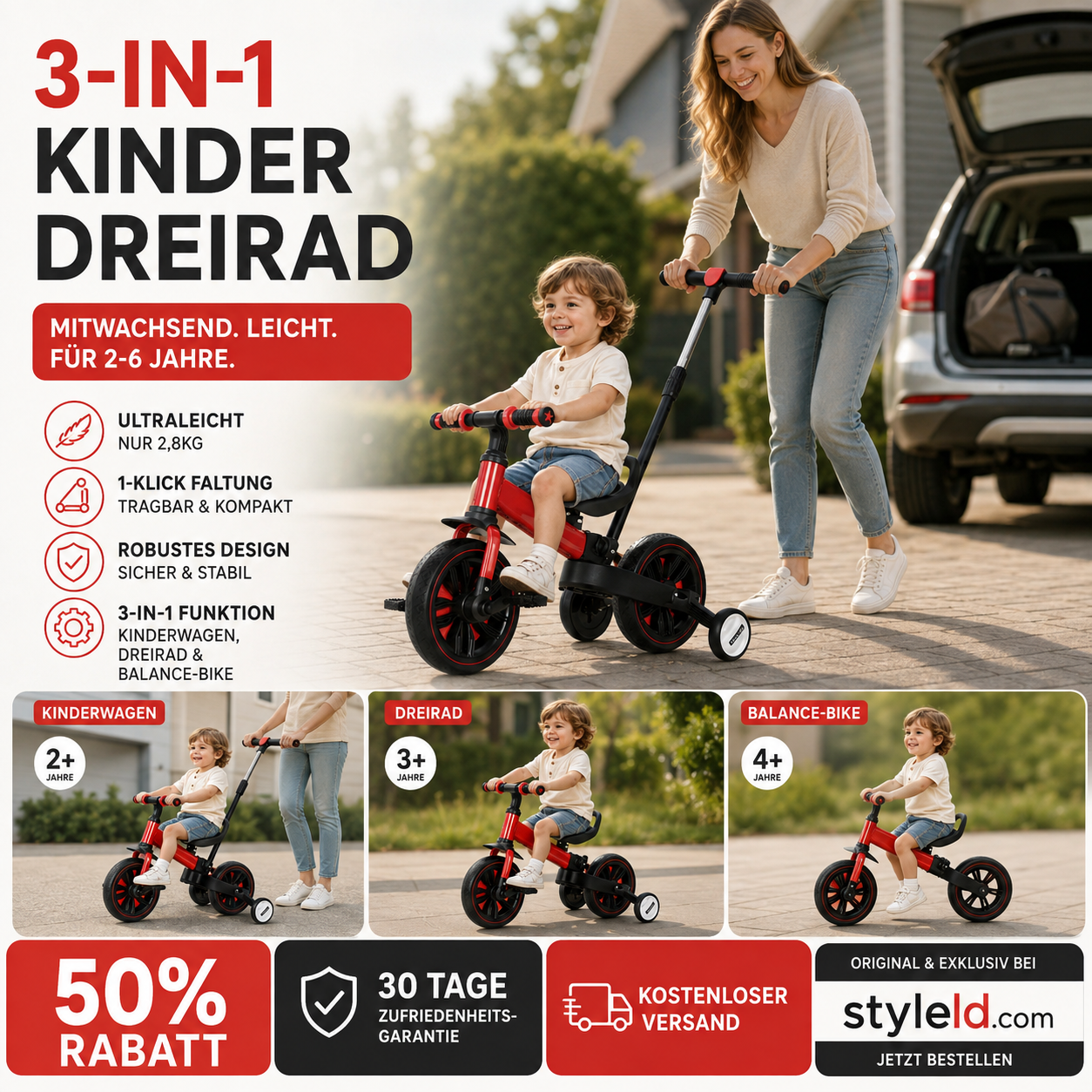 💥 50% Rabatt! 🚲 3-in-1-Kinderdreirad – Kinderwagen, Dreirad & Laufrad. Leicht (2,8 kg) & faltbar. Hochfester Kohlenstoffstahl, EVA-Räder. Für 2–6 Jahre, max. 90 kg. Rot/Blau/Rosa/Gelb 🛡️