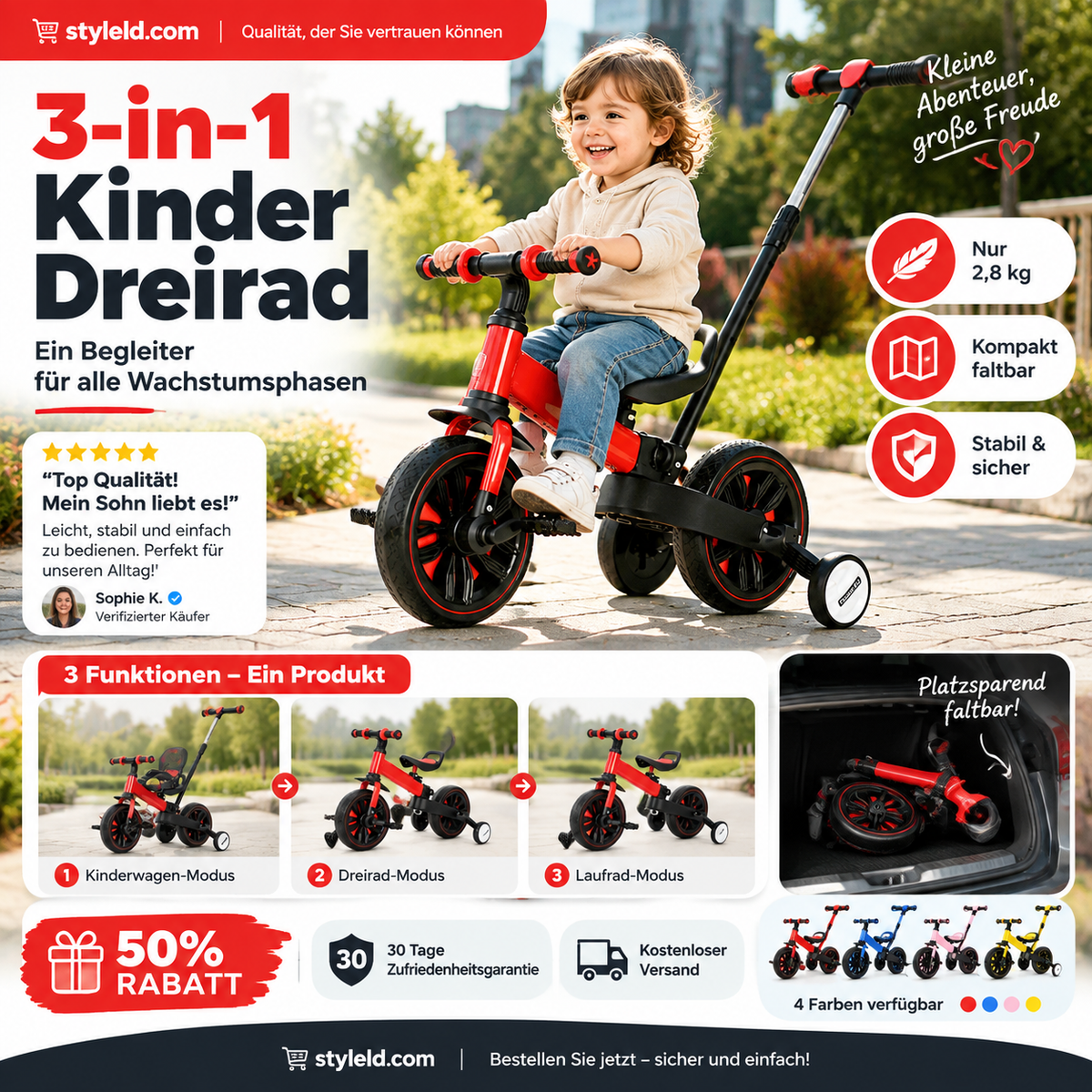 💥 50% Rabatt! 🚲 3-in-1-Kinderdreirad – Kinderwagen, Dreirad & Laufrad. Leicht (2,8 kg) & faltbar. Hochfester Kohlenstoffstahl, EVA-Räder. Für 2–6 Jahre, max. 90 kg. Rot/Blau/Rosa/Gelb 🛡️
