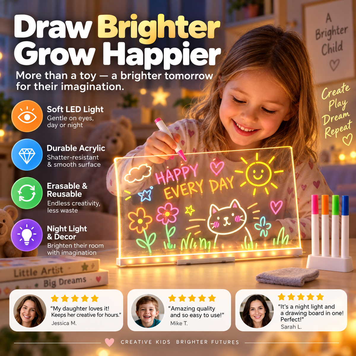 🖍️ ✨ Leuchtende Kinder-Maltafel – sanfte LED, wiederverwendbar, auch als Nachtlicht 💡