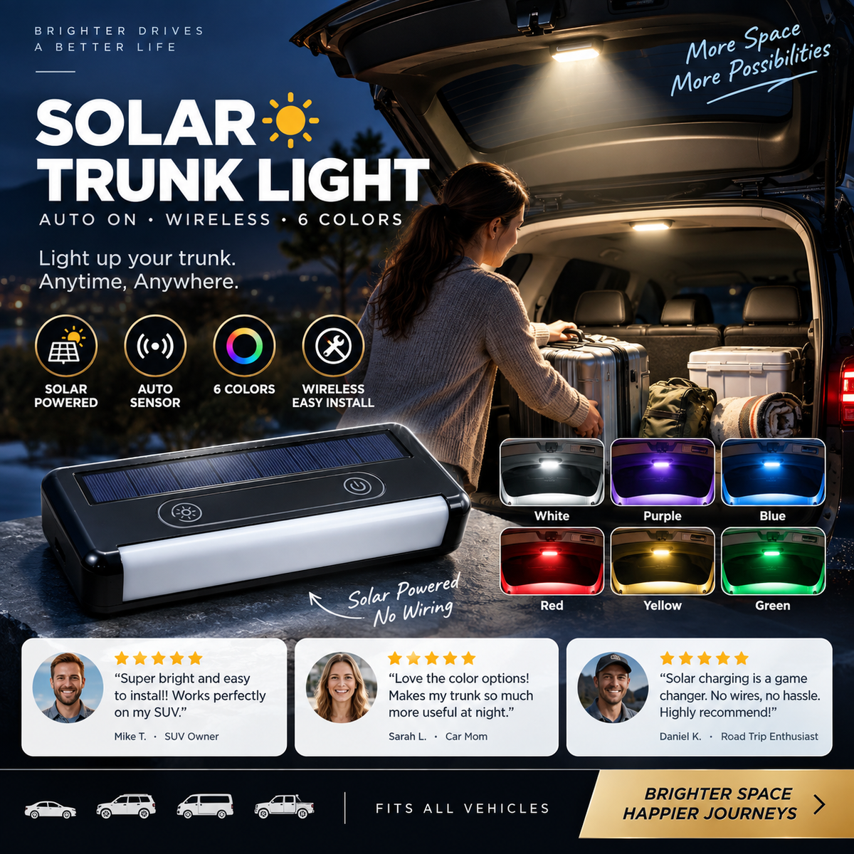 🔆 Solar-LED-Kofferraumleuchte für Autos – Automatischer Sensor, kabellos, 6 Farben, für SUVs und Fahrzeuge