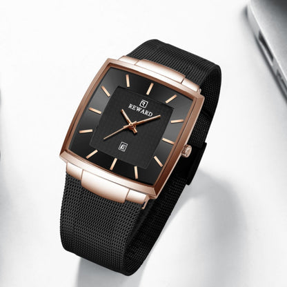Herren Ultra-dünne quadratische Quarzuhr mit Mesh-Armband