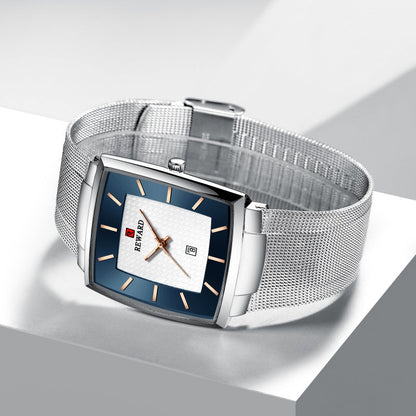 Herren Ultra-dünne quadratische Quarzuhr mit Mesh-Armband