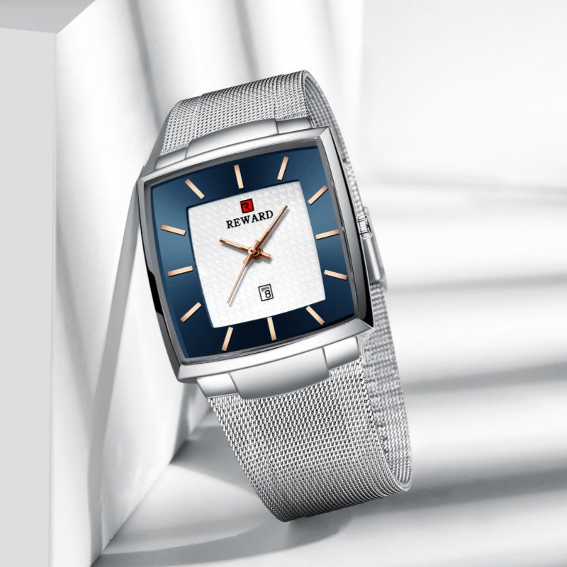 Herren Ultra-dünne quadratische Quarzuhr mit Mesh-Armband