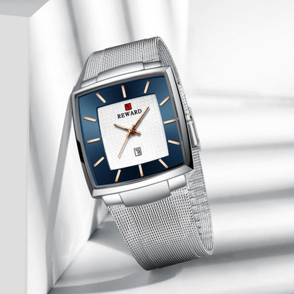 Herren Ultra-dünne quadratische Quarzuhr mit Mesh-Armband