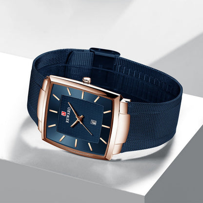 Herren Ultra-dünne quadratische Quarzuhr mit Mesh-Armband