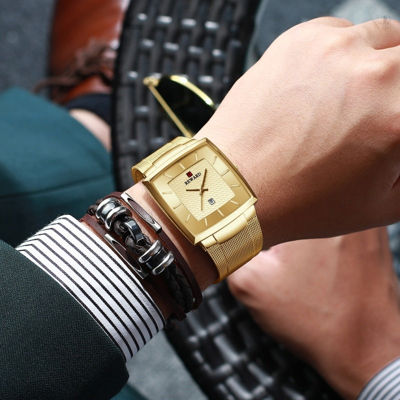 Herren Ultra-dünne quadratische Quarzuhr mit Mesh-Armband