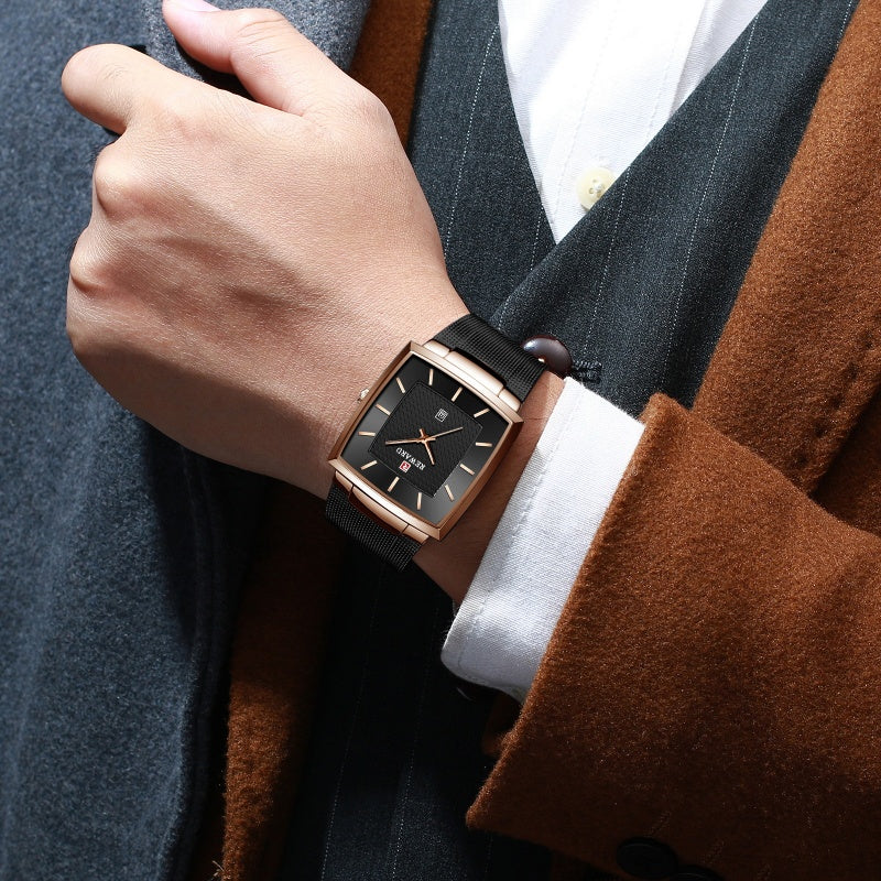 Herren Ultra-dünne quadratische Quarzuhr mit Mesh-Armband