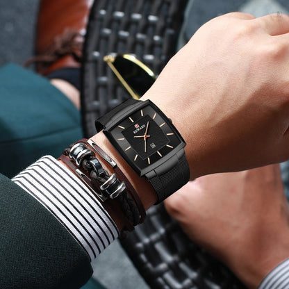 Herren Ultra-dünne quadratische Quarzuhr mit Mesh-Armband
