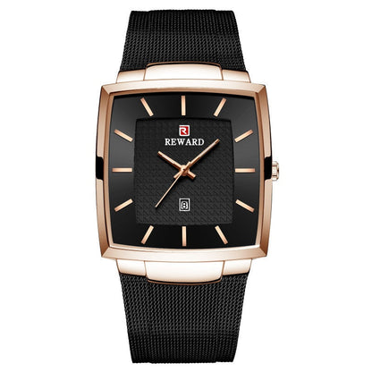 Herren Ultra-dünne quadratische Quarzuhr mit Mesh-Armband