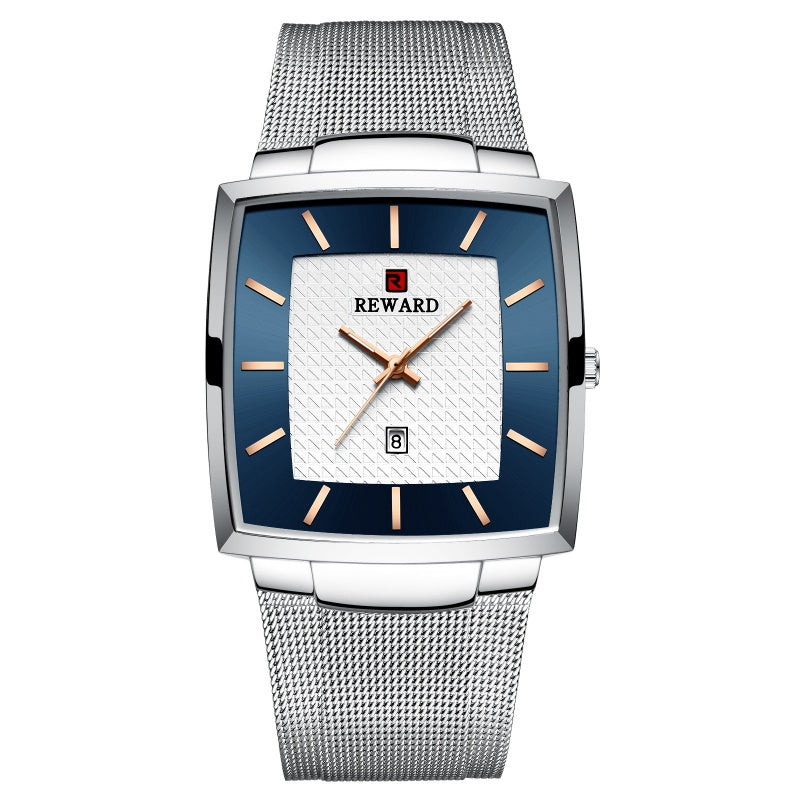 Herren Ultra-dünne quadratische Quarzuhr mit Mesh-Armband