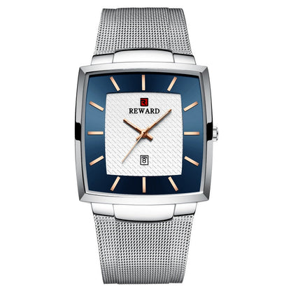 Herren Ultra-dünne quadratische Quarzuhr mit Mesh-Armband