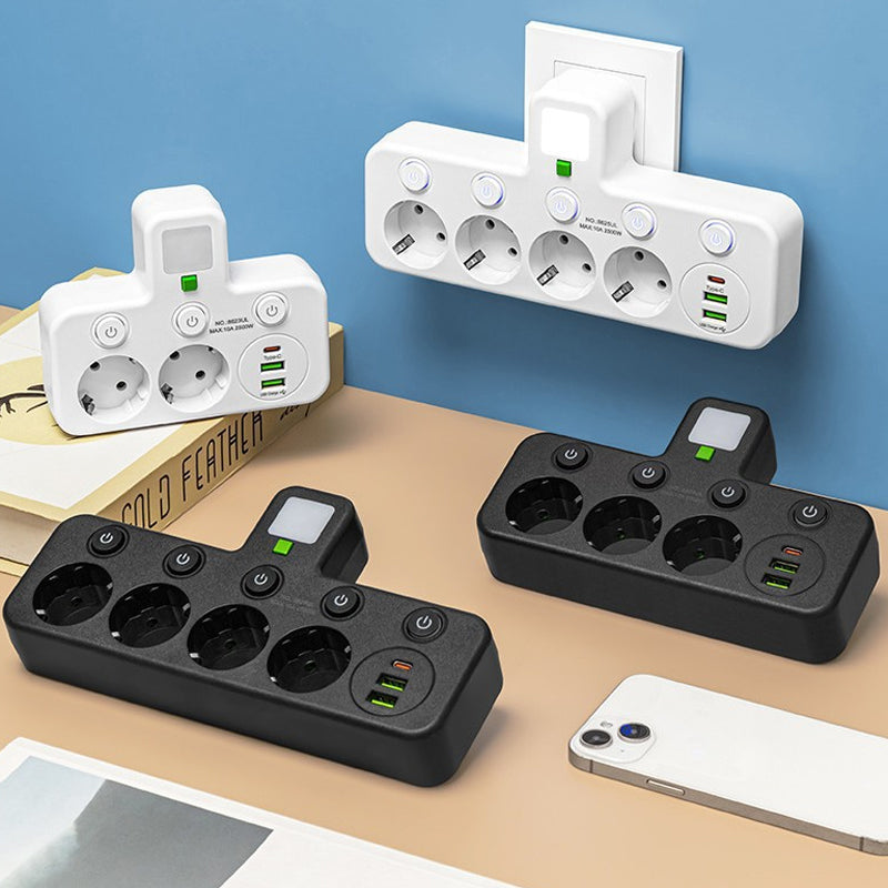 EU-Stecker-Wandler-Steckdose mit 4 Steckdosen, Multi-Port-Wanddose mit unabhängigem Schalter und kleinem Nachtlichtadapter
