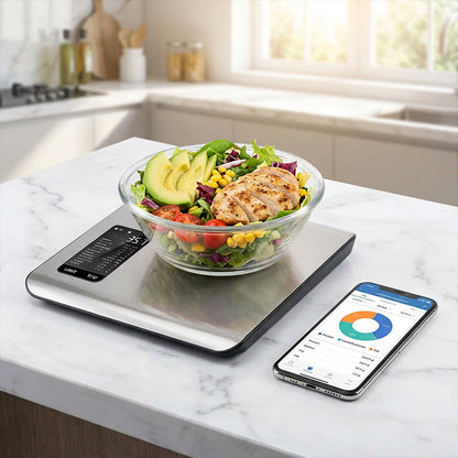 Küchenwaage digital mit Nährwertberechnung, Ernährungswaage App verfolgt 19 Nährstoffe, Kaloriendatenanalyse, 5kg Edelstahl-Lebensmittelwaage, geeignet für Gewichtsverlust