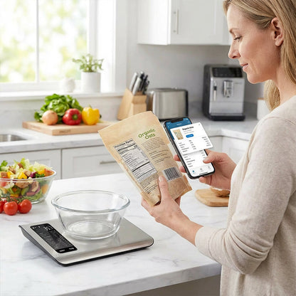 Küchenwaage digital mit Nährwertberechnung, Ernährungswaage App verfolgt 19 Nährstoffe, Kaloriendatenanalyse, 5kg Edelstahl-Lebensmittelwaage, geeignet für Gewichtsverlust