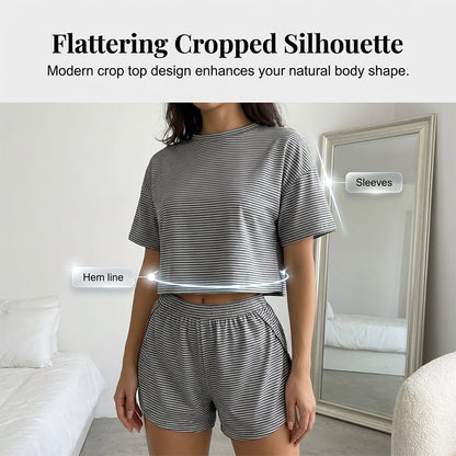 Damen-Loungewear-Set mit Streifen und kurzen Ärmeln