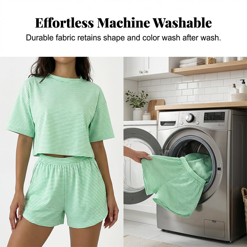 Damen-Loungewear-Set mit Streifen und kurzen Ärmeln