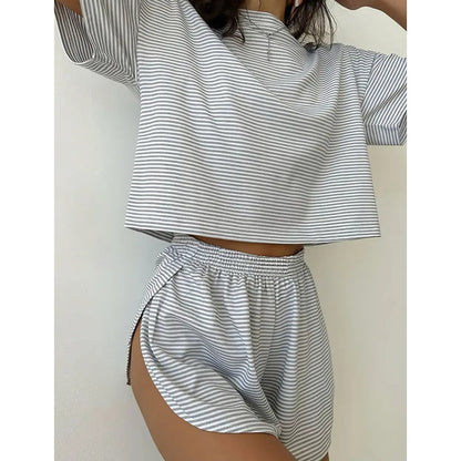 Damen-Loungewear-Set mit Streifen und kurzen Ärmeln