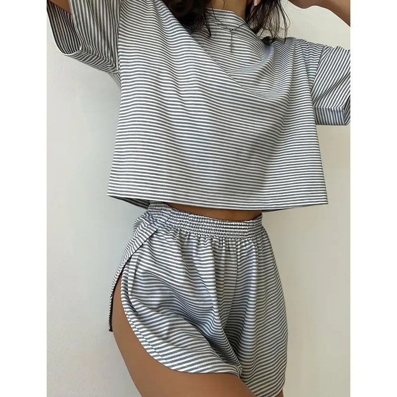 Damen-Loungewear-Set mit Streifen und kurzen Ärmeln