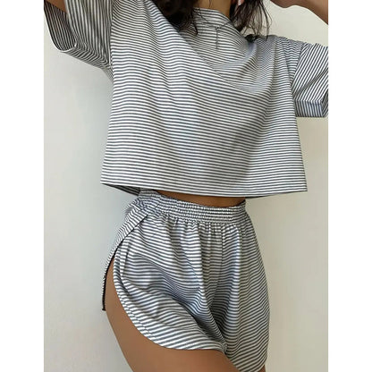 Damen-Loungewear-Set mit Streifen und kurzen Ärmeln