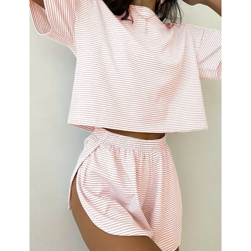 Damen-Loungewear-Set mit Streifen und kurzen Ärmeln