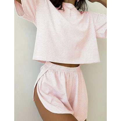 Damen-Loungewear-Set mit Streifen und kurzen Ärmeln