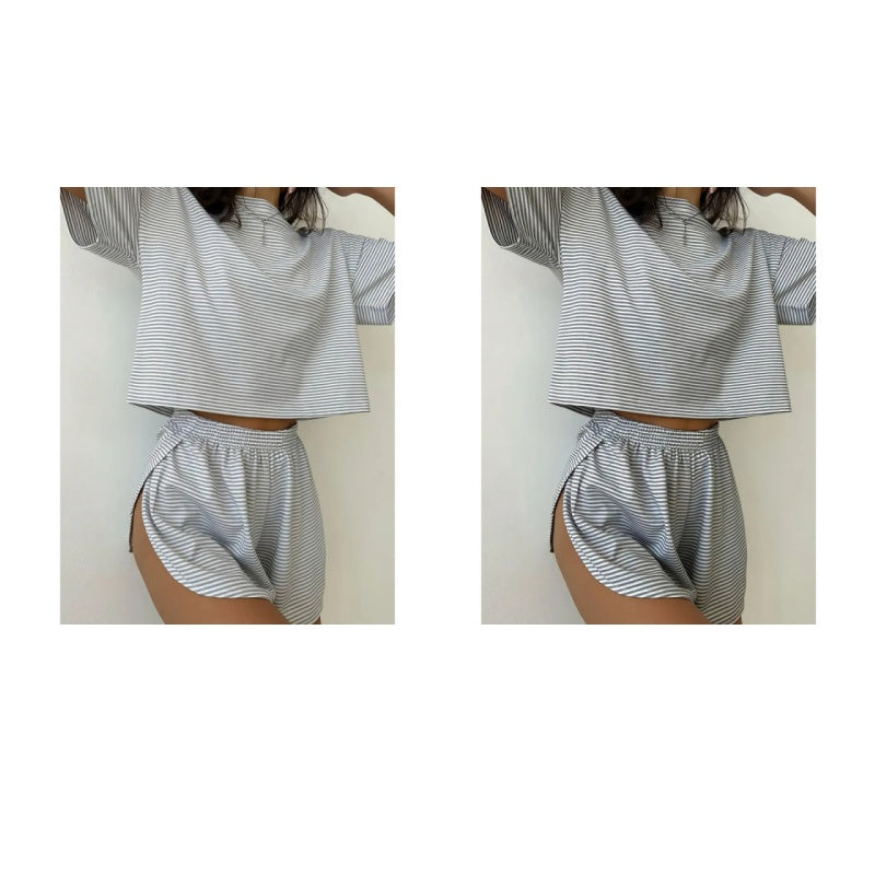 Damen-Loungewear-Set mit Streifen und kurzen Ärmeln