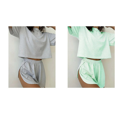 Damen-Loungewear-Set mit Streifen und kurzen Ärmeln