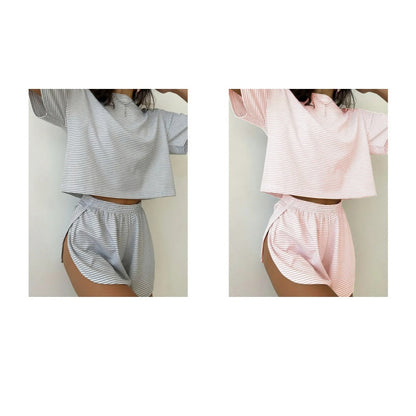 Damen-Loungewear-Set mit Streifen und kurzen Ärmeln