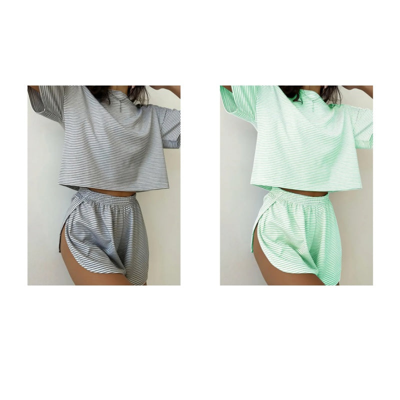 Damen-Loungewear-Set mit Streifen und kurzen Ärmeln