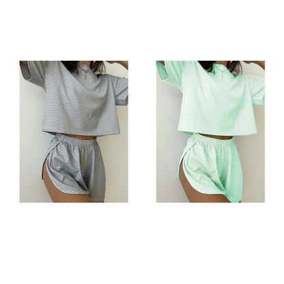 Damen-Loungewear-Set mit Streifen und kurzen Ärmeln