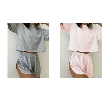 Damen-Loungewear-Set mit Streifen und kurzen Ärmeln