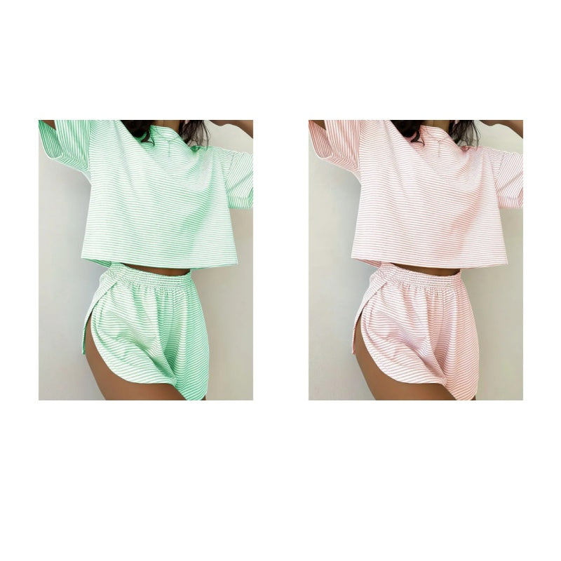 Damen-Loungewear-Set mit Streifen und kurzen Ärmeln