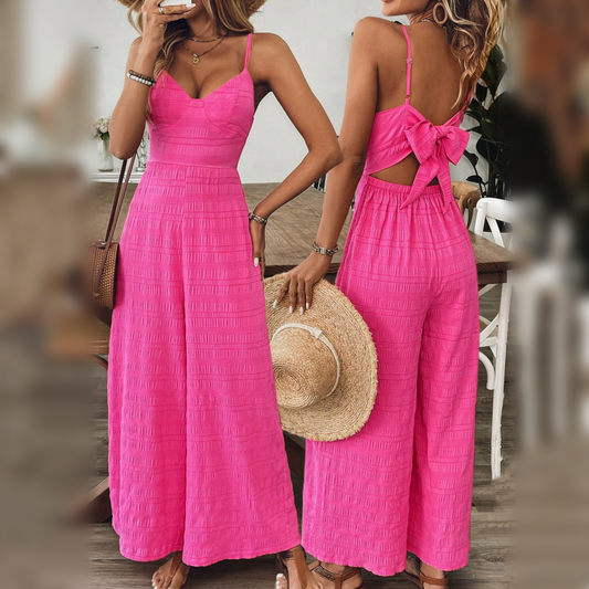 Damen-Jumpsuit mit V-Ausschnitt, weitem Bein und lockerer Passform