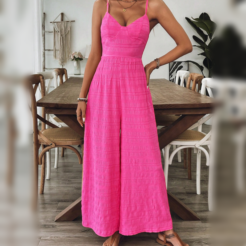 Damen-Jumpsuit mit V-Ausschnitt, weitem Bein und lockerer Passform