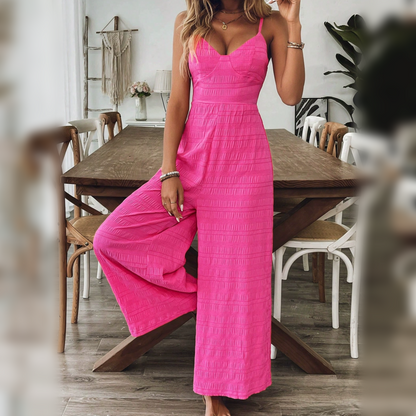 Damen-Jumpsuit mit V-Ausschnitt, weitem Bein und lockerer Passform