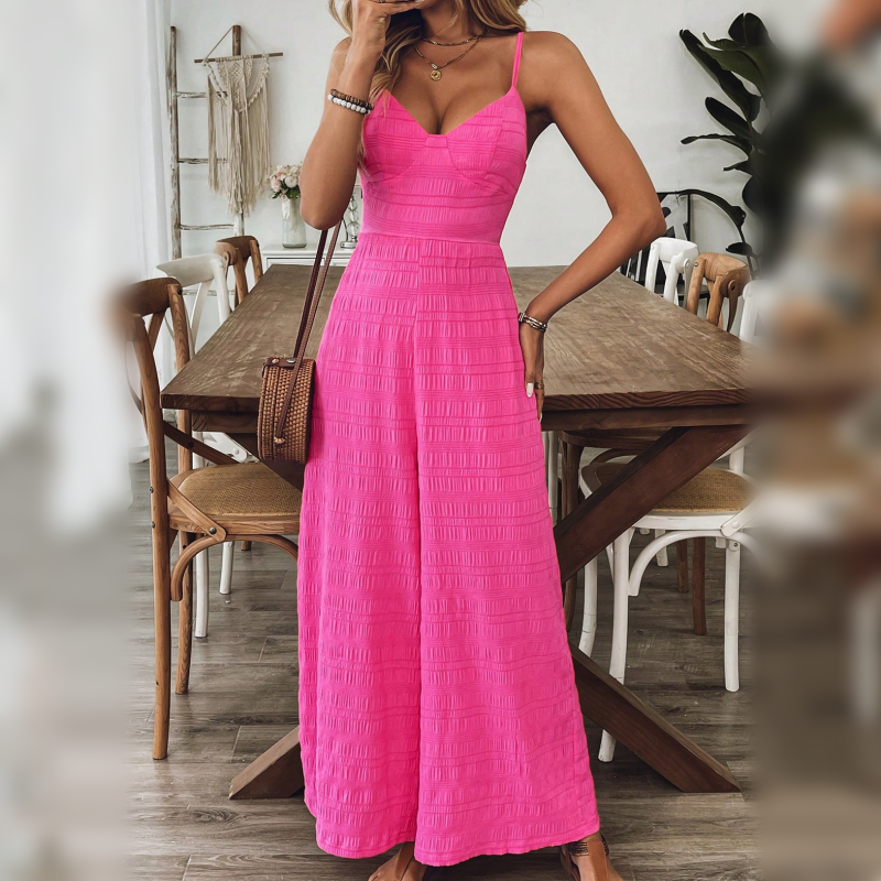 Damen-Jumpsuit mit V-Ausschnitt, weitem Bein und lockerer Passform