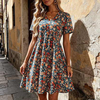 Sommerkleid für Damen mit Blumenmuster, V-Ausschnitt und kurzen Ärmeln