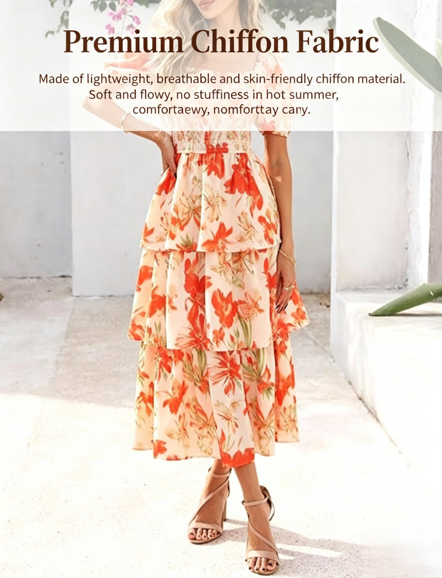 🔥Letzter Tag des Schlussverkaufs – 50 % Rabatt🔥Damen-Maxikleid aus Chiffon mit Blumenmuster und Stufenschnitt – kurze Ärmel, quadratischer Ausschnitt