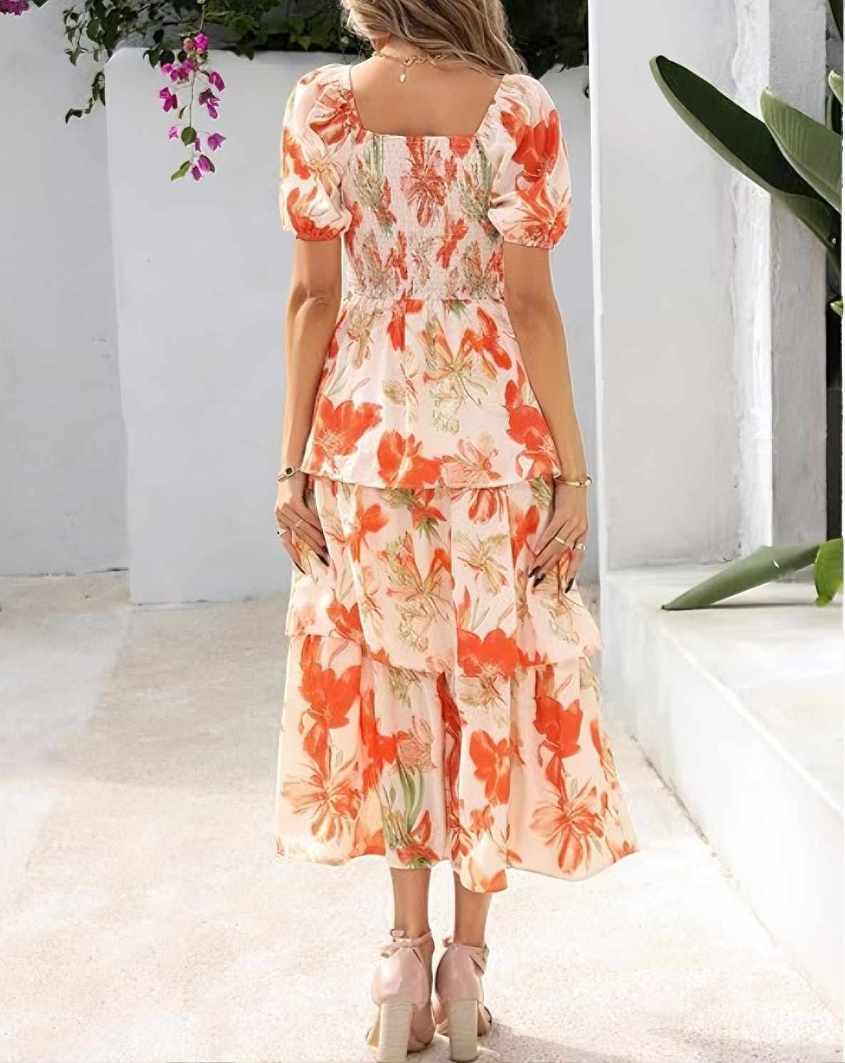 🔥Letzter Tag des Schlussverkaufs – 50 % Rabatt🔥Damen-Maxikleid aus Chiffon mit Blumenmuster und Stufenschnitt – kurze Ärmel, quadratischer Ausschnitt