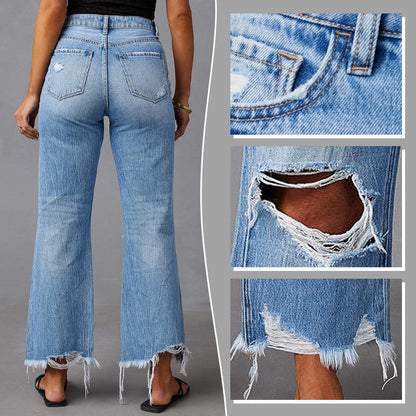 Hochgeschnittene, zerrissene Schlagjeans für Damen